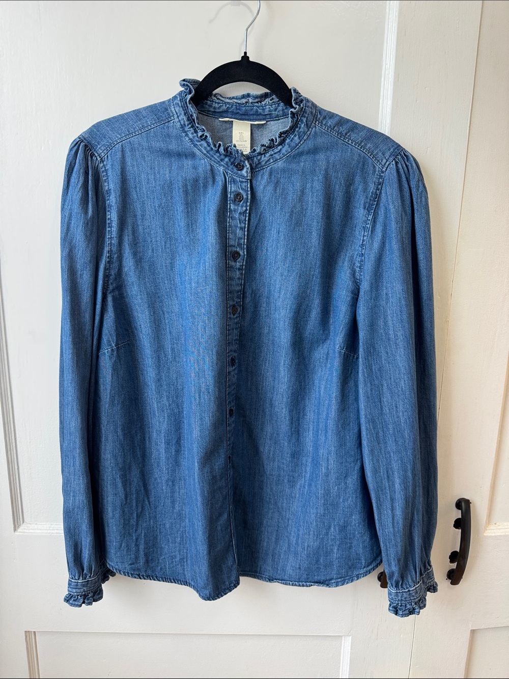 H&M Blue Denim Ruffle-Neck Button-Front Shirt